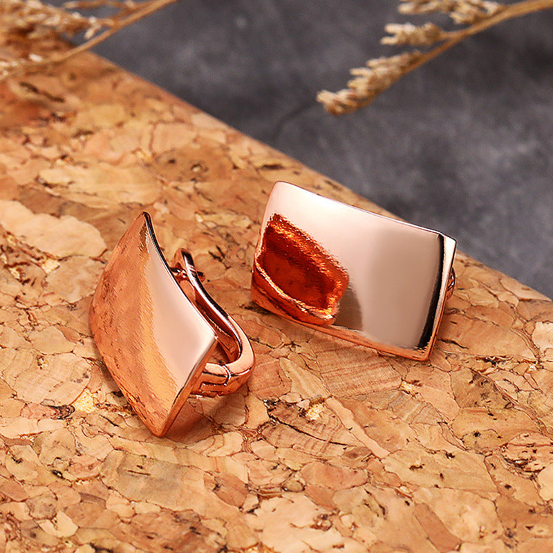 Rose Gold Rectangular Ear Clips – Geometric Copper Huggie Earrings for Women