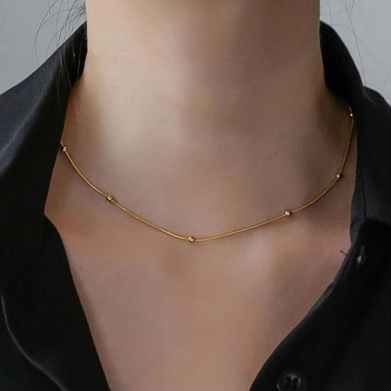 Gold Beaded Snake Chain Necklace – 18K Gold-Plated Stainless Steel, Minimalist, Women's