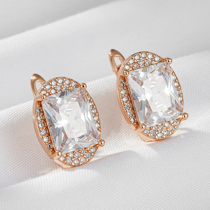 Rose Gold Square Zircon Halo Drop Earrings – Copper INS Style Luxury Jewelry for Women