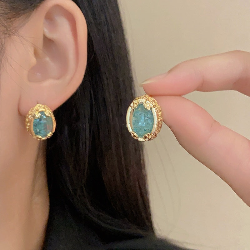 Gold Brushed Oval Zircon Stud Earrings – Electroplated Alloy Geometric Luxury Jewelry for Women