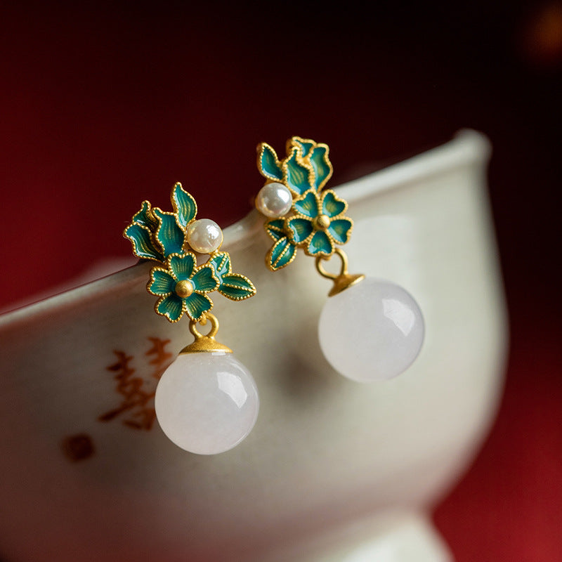 Hetian Jade & Pearl Flower Cluster Drop Earrings – Gold Enamel Retro Court Luxury Jewelry for Women