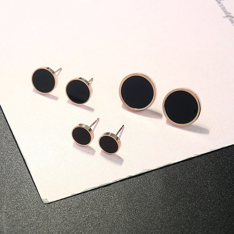 Black Round Titanium Steel Stud Earrings – Minimalist Geometric Luxury Jewelry for Women
