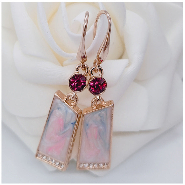 Retro Rose Quartz Drop Earrings – Gold-Plated Brass Ear Hooks for Women