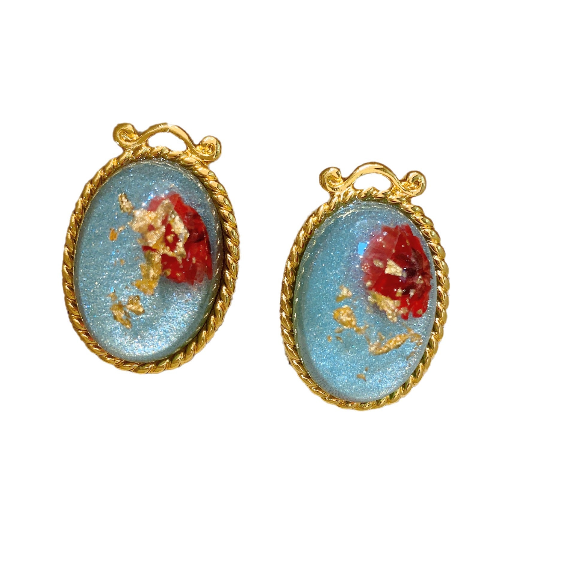 Blue Jelly & Red Rose Earrings – Vintage Oval Drop