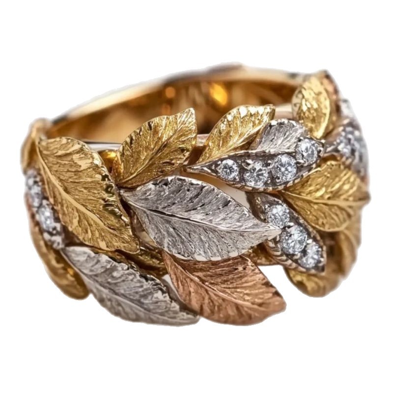 Tri-Color Gold Leaf Ring – Luxury Nature-Inspired Statement Piece