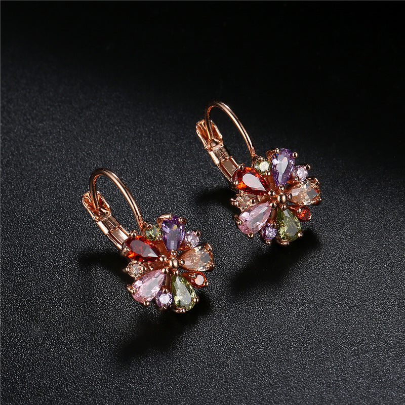 Rose Gold Colorful Zircon Flower Ear Clips