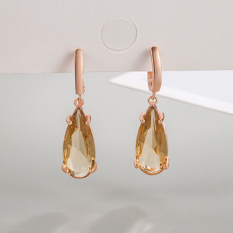 Champagne Gold Teardrop Crystal Drop Earrings – Electroplated Copper Water Droplet Luxury Jewelry for Women