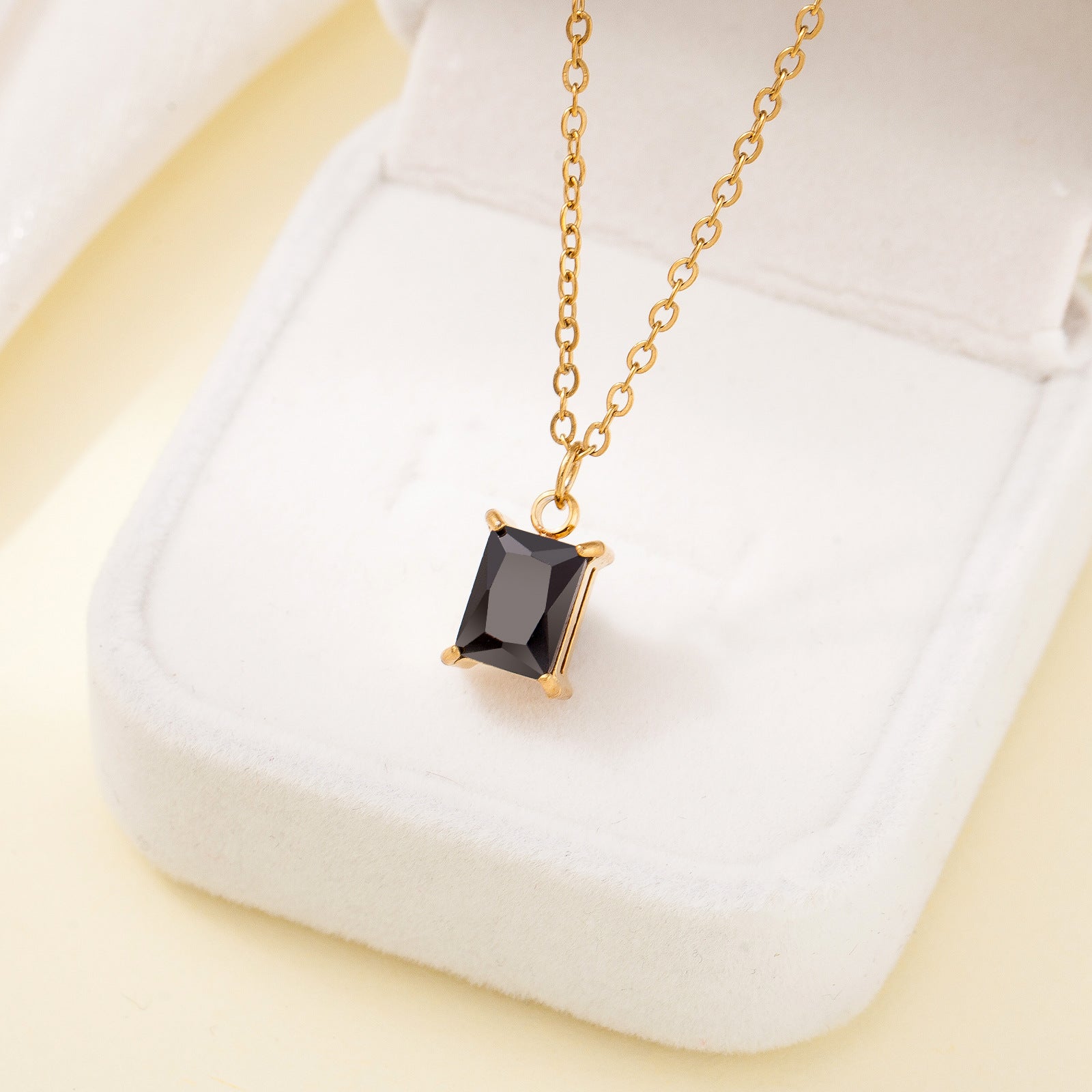 Square Gem Pendant Necklace – 18K Gold, Stainless Steel, O-Ring Chain, Unisex