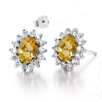 Natural Citrine & Crystal Halo Stud Earrings – 925 Silver Gold-Plated Luxury Jewelry for Women