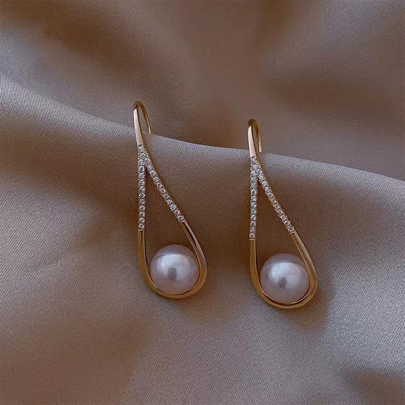 Gold Pink Pearl Teardrop Ear Hooks – Rhinestone Shell Pearl Drop Earrings for Women
