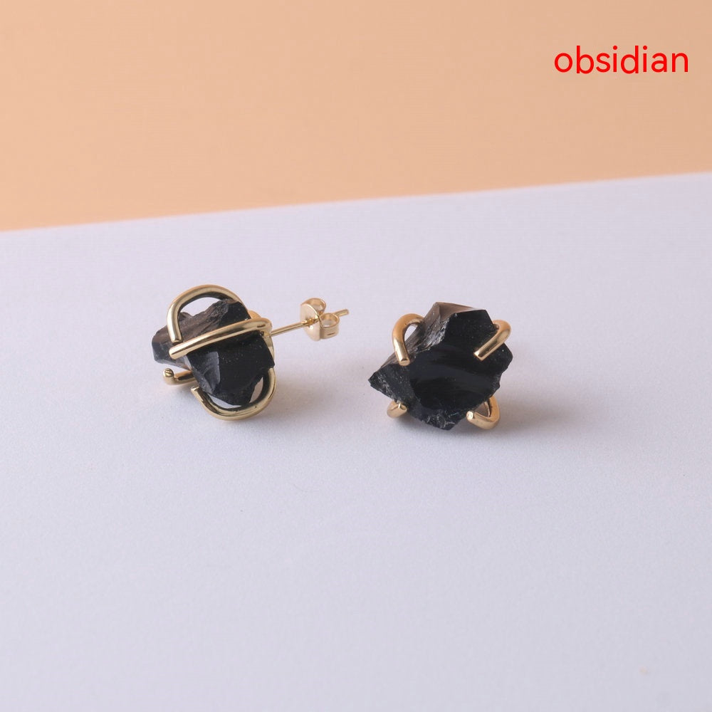 Gold Four-Claw Raw Crystal Stud Earrings – Electroplated Copper Natural Stone Luxury Jewelry for Women