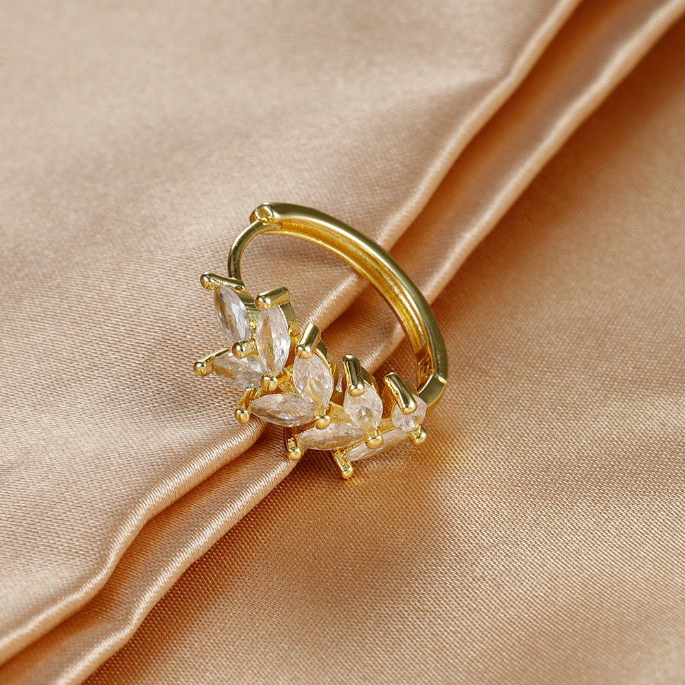 Gold Wheat Zircon Huggie Earrings – Electroplated Copper Botanical Luxury Jewelry for Women