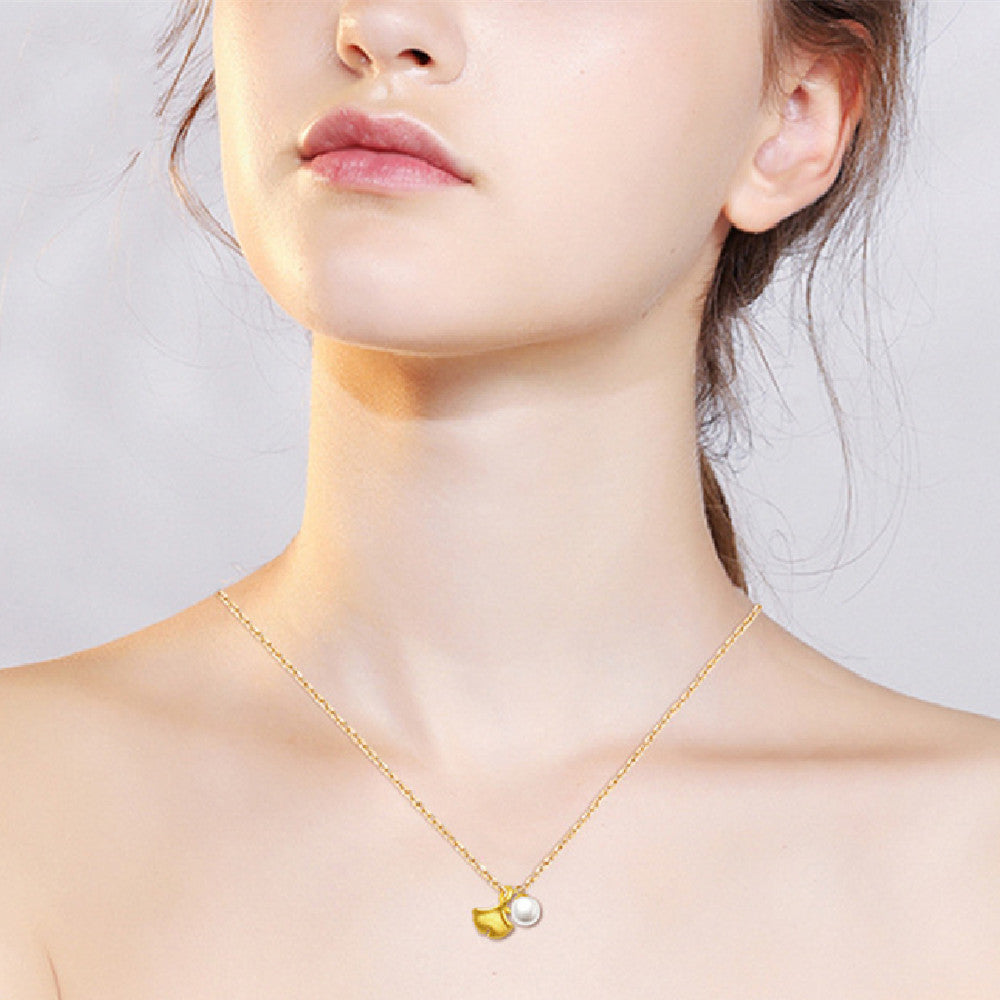 999 Pure Gold Ginkgo Leaf & Pearl Necklace