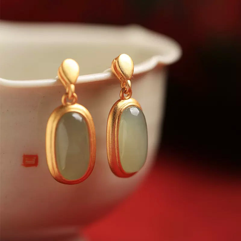 Ancient Gold Hetian Jade Drop Earrings – Copper National Style Ellipse Luxury Jewelry for Women