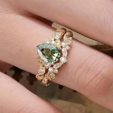 Gold Leaves & Flowers Couple Ring – Green Stone