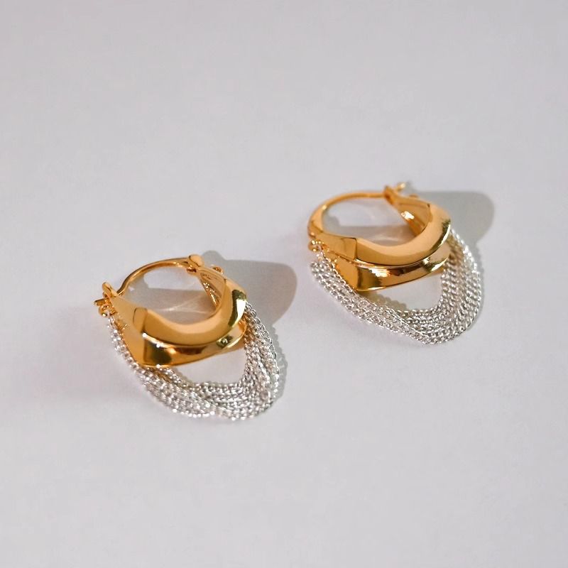 Gold & Silver Chain Tassel Hoop Earrings – Electroplated Alloy Contrast-Color Luxury Jewelry for Women