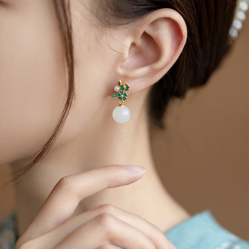 Hetian Jade & Pearl Flower Cluster Drop Earrings – Gold Enamel Retro Court Luxury Jewelry for Women