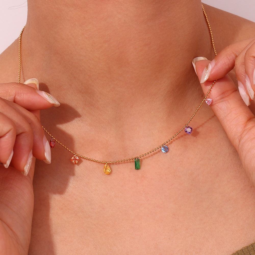 Color Zircon Charm Jewelry – 18K Gold Stainless Steel, Necklace, Bracelet & Anklet, Women's