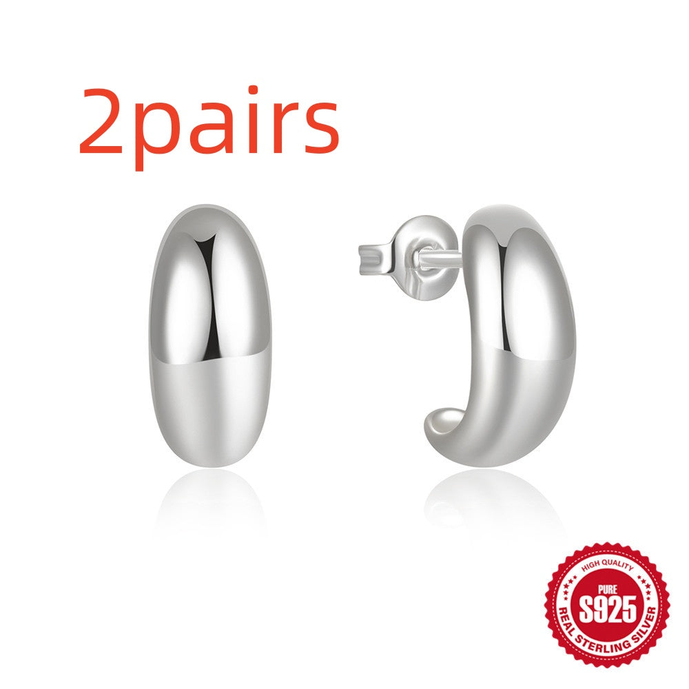 C-Shape Glossy Stud Earrings – 925 Sterling Silver, Geometric, Gold & Silver