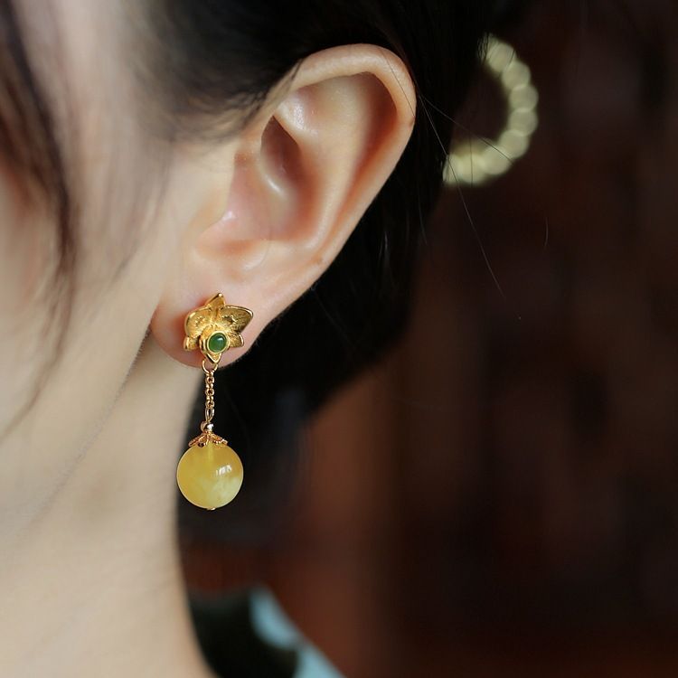 Beeswax Amber Flower Drop Earrings – Sterling Silver, Natural Gemstone, Original Design