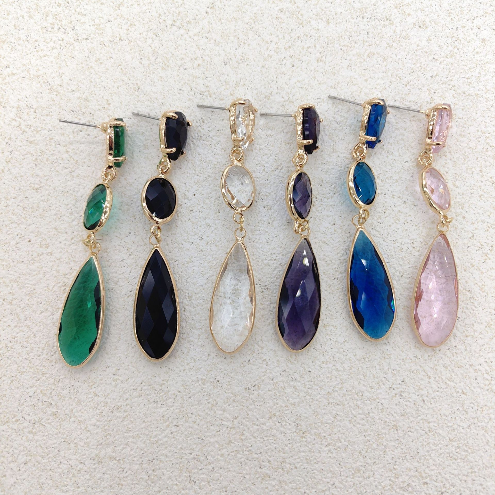 Crystal Glass Drop Earrings — Geometric Long Dangle