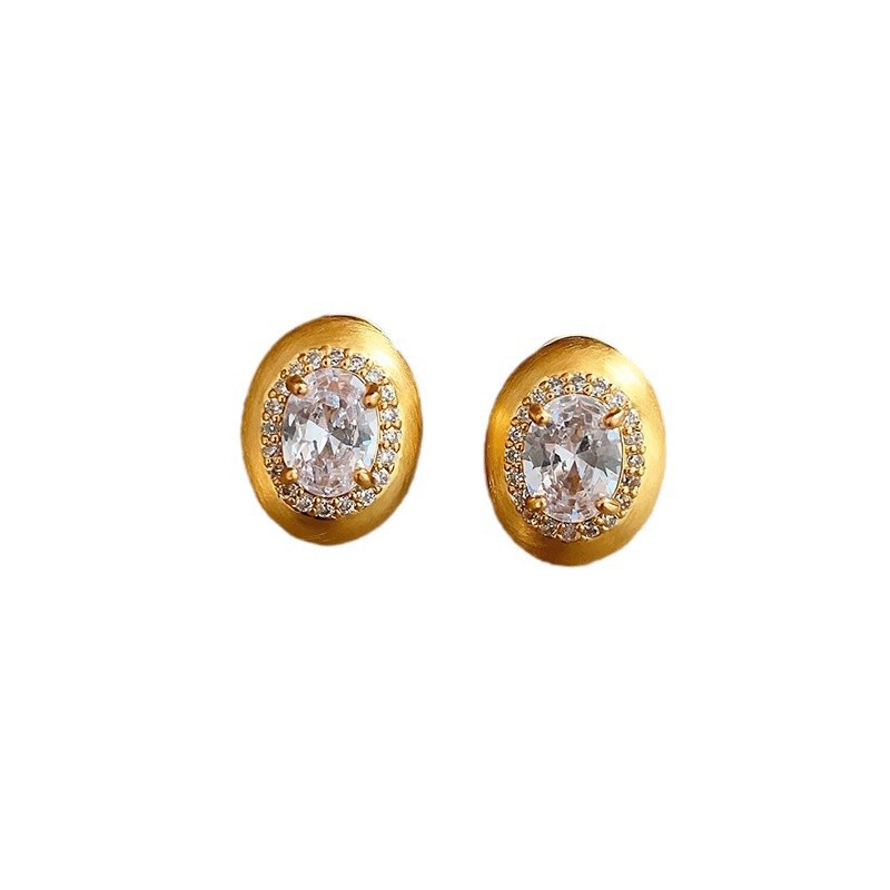 Gold Brushed Oval Zircon Stud Earrings – Electroplated Alloy Geometric Luxury Jewelry for Women