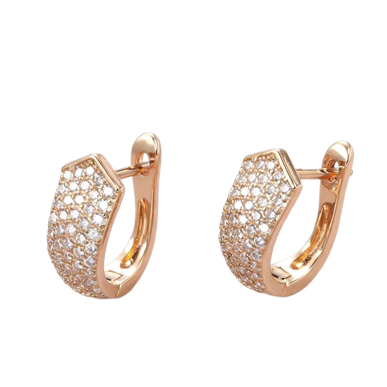 Champagne Gold Hexagonal Zircon Huggie Earrings – Diamond Inlay Copper Light Luxury Jewelry for Women