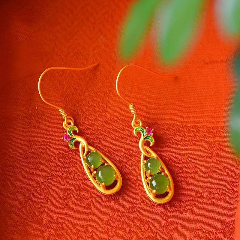 Gold Enamel Lucky Bean Drop Earrings – S925 Sterling Silver Ethnic Style Luxury Jewelry for Women