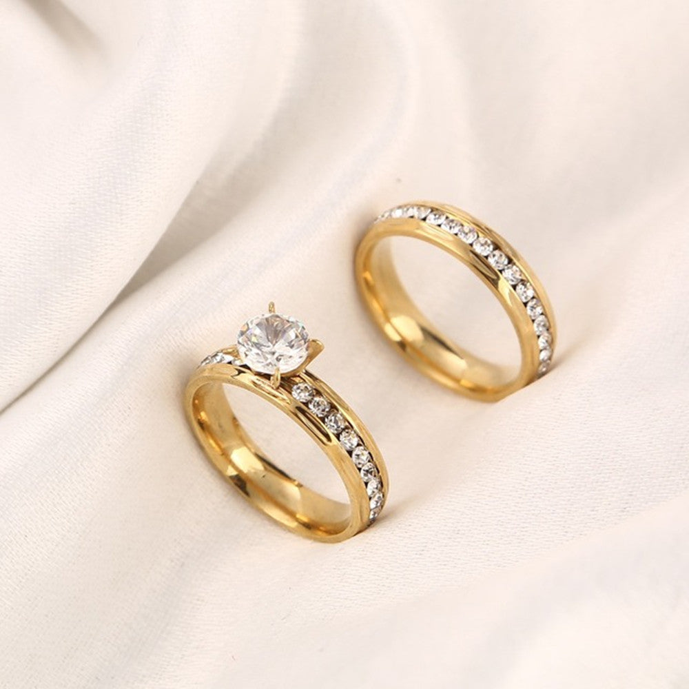 Gold Zircon Wedding & Engagement Ring Set – Couple Pair