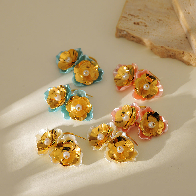 Gold Flower Petal Earrings – Retro Stainless Steel Studs for Women
