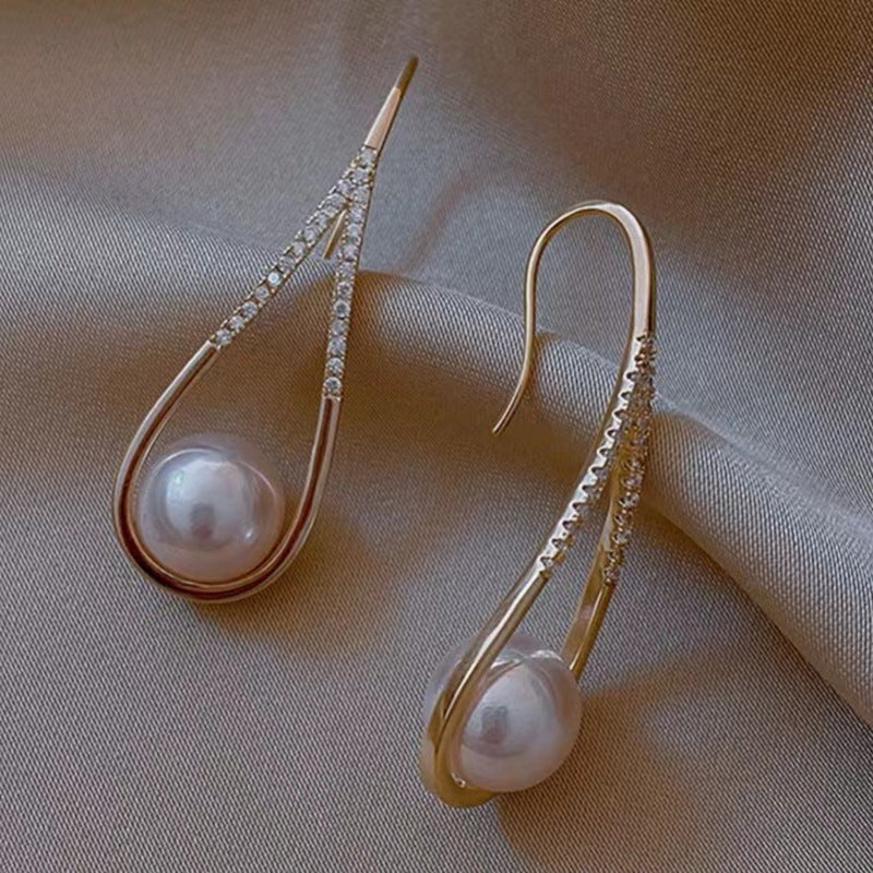 Gold Pink Pearl Teardrop Ear Hooks – Rhinestone Shell Pearl Drop Earrings for Women
