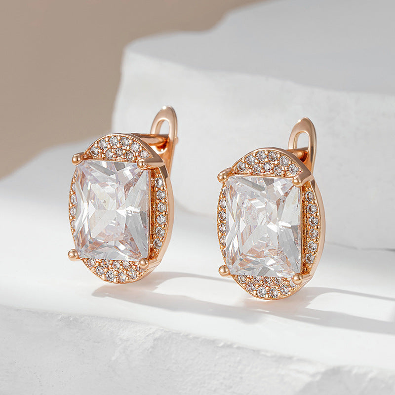 Rose Gold Square Zircon Halo Drop Earrings – Copper INS Style Luxury Jewelry for Women