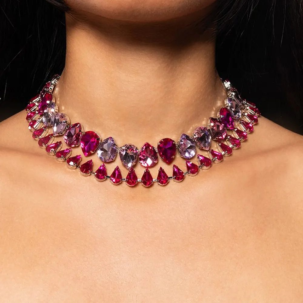 Double-Layer Rhinestone Drop Necklace – Gold & Silver, Ellipse, Statement Jewelry