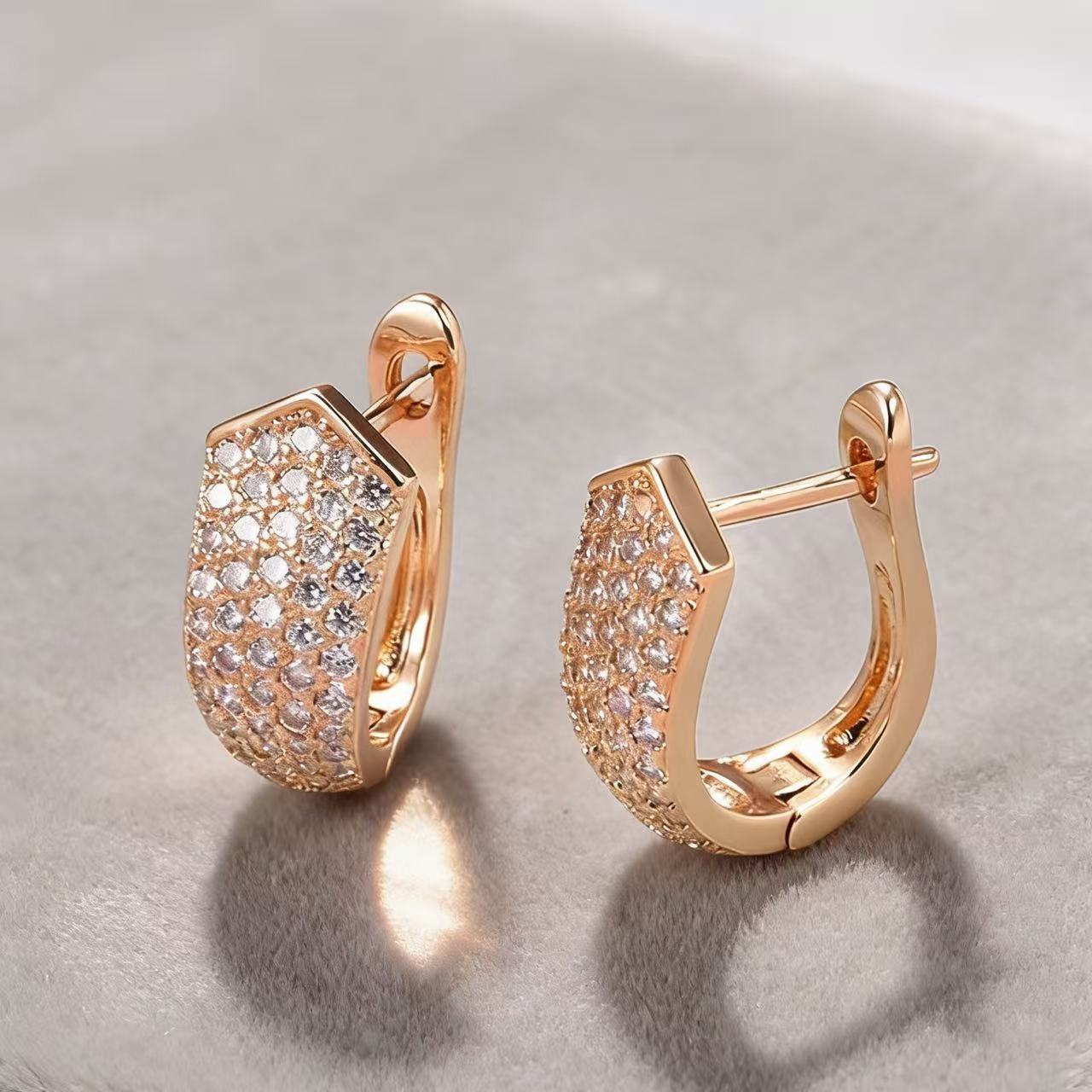 Champagne Gold Hexagonal Zircon Huggie Earrings – Diamond Inlay Copper Light Luxury Jewelry for Women