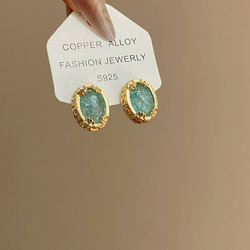 Gold Brushed Oval Zircon Stud Earrings – Electroplated Alloy Geometric Luxury Jewelry for Women