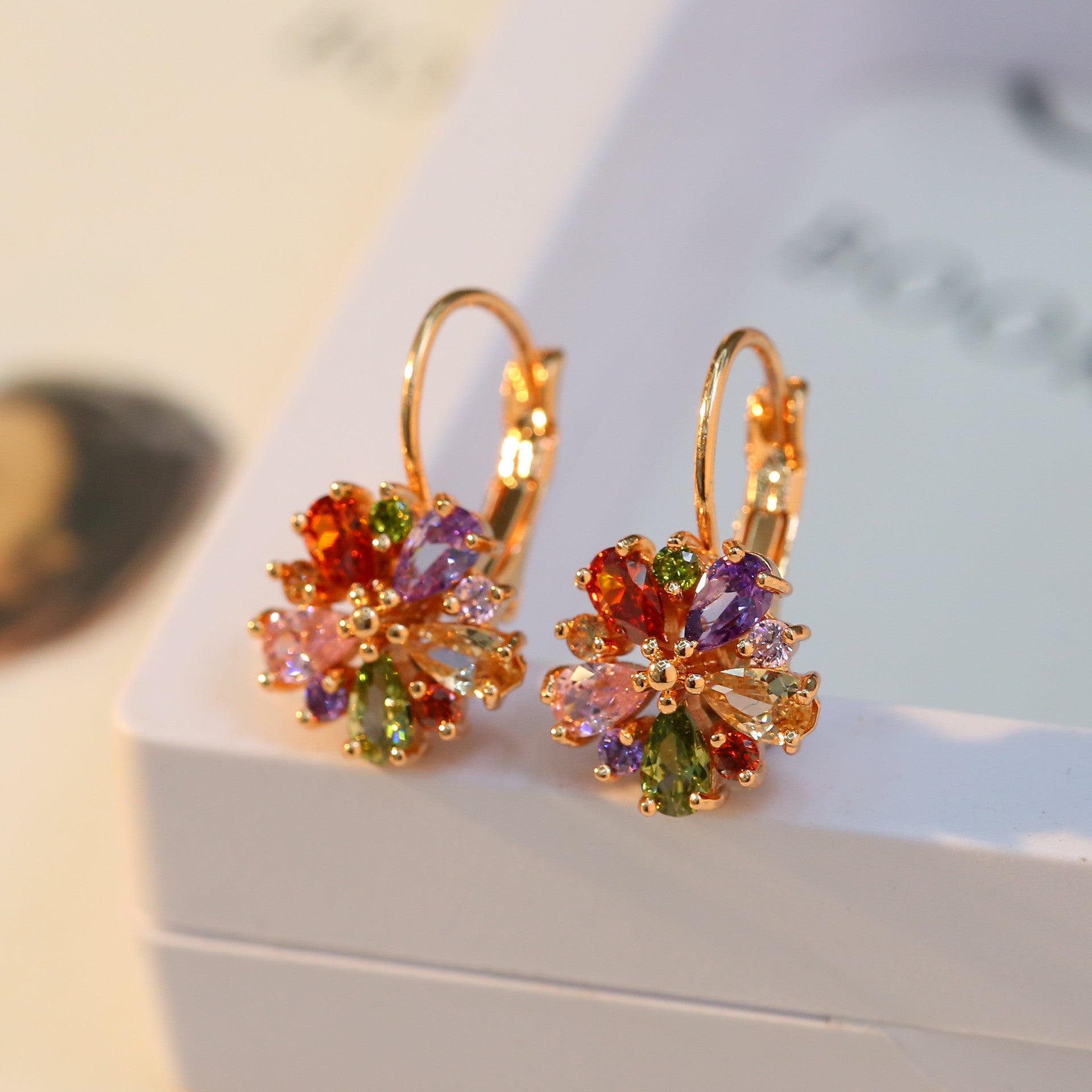 Rose Gold Colorful Zircon Flower Ear Clips