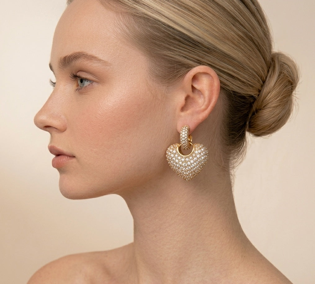 Gold Zircon Heart Earrings – AAA CZ Studs for Women