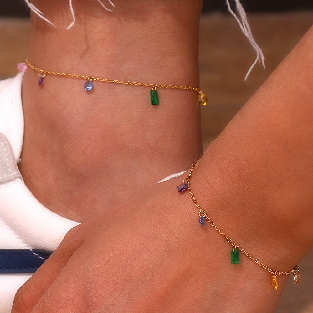 Color Zircon Charm Jewelry – 18K Gold Stainless Steel, Necklace, Bracelet & Anklet, Women's