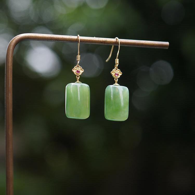 Gold Jade Rectangle Drop Earrings – Auspicious Jasper Hanfu Ear Hooks for Women