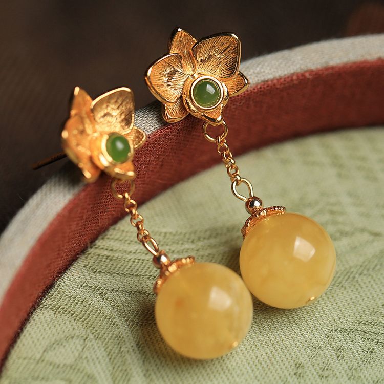 Beeswax Amber Flower Drop Earrings – Sterling Silver, Natural Gemstone, Original Design
