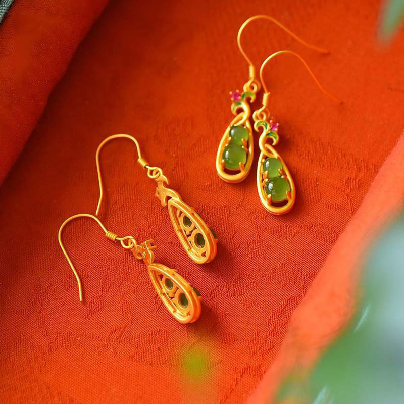 Gold Enamel Lucky Bean Drop Earrings – S925 Sterling Silver Ethnic Style Luxury Jewelry for Women