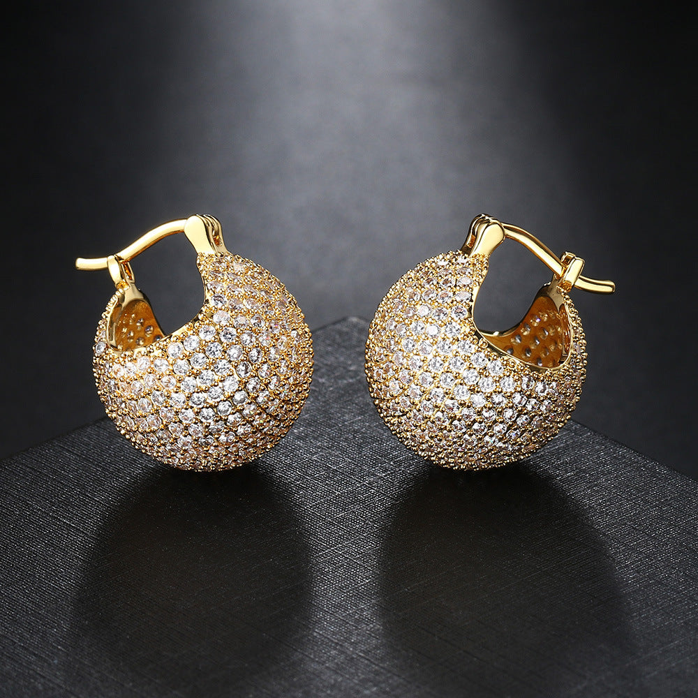 18K Gold Zircon Ball Huggie Ear Clips – 925 Silver Copper Ellipse Earrings for Women