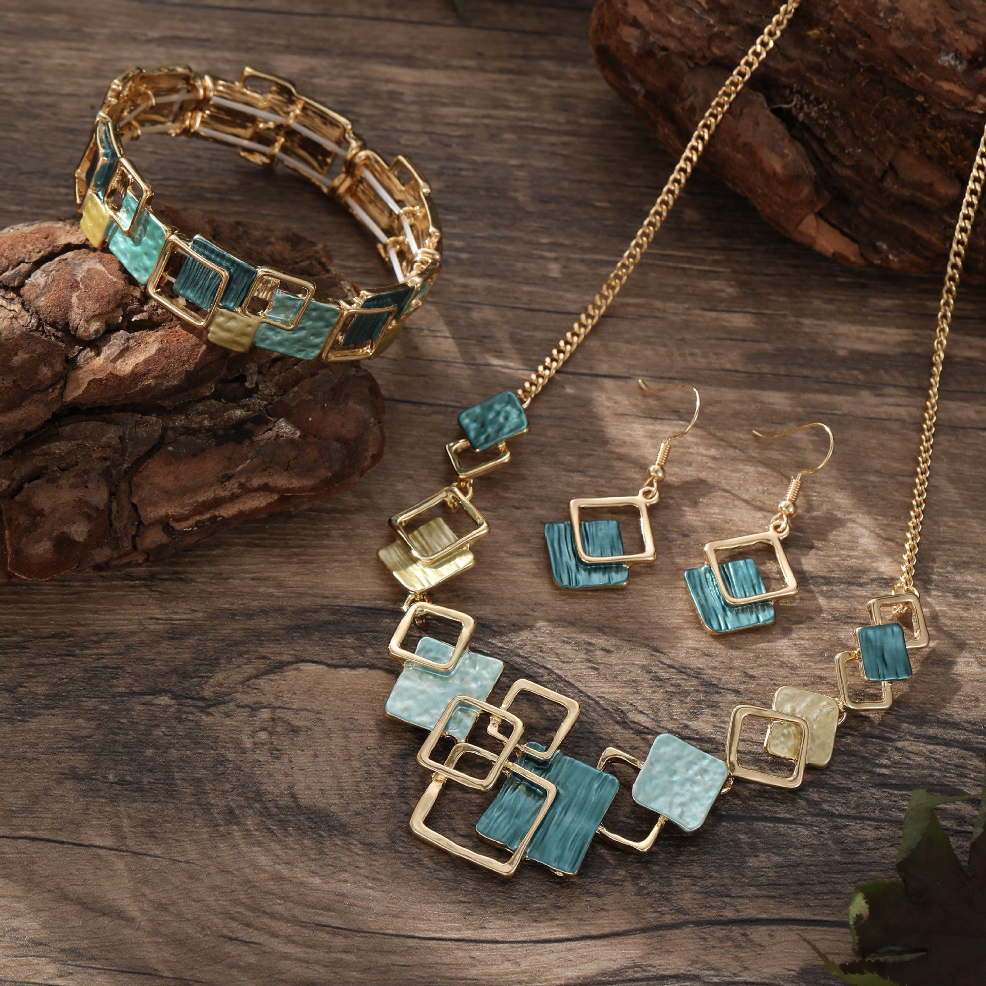 Geometric Square Color Oil Jewelry Set – Earrings, Bracelet & Necklace, Original Design