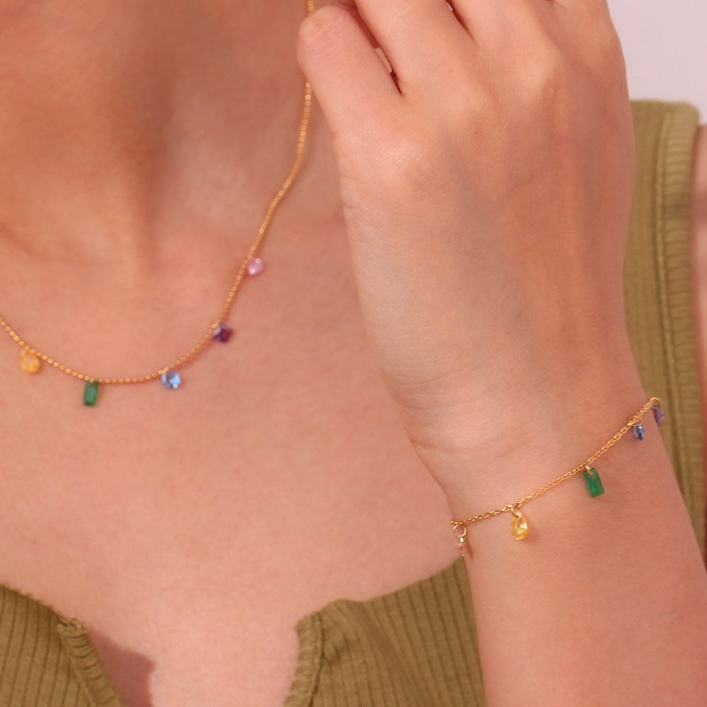 Color Zircon Charm Jewelry – 18K Gold Stainless Steel, Necklace, Bracelet & Anklet, Women's