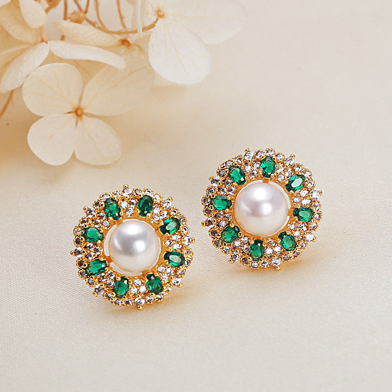 18K Gold Pearl Sunflower Stud Earrings