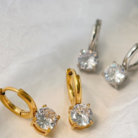 Solitaire Zircon Huggie Earrings – 18K Gold & Silver Titanium Steel