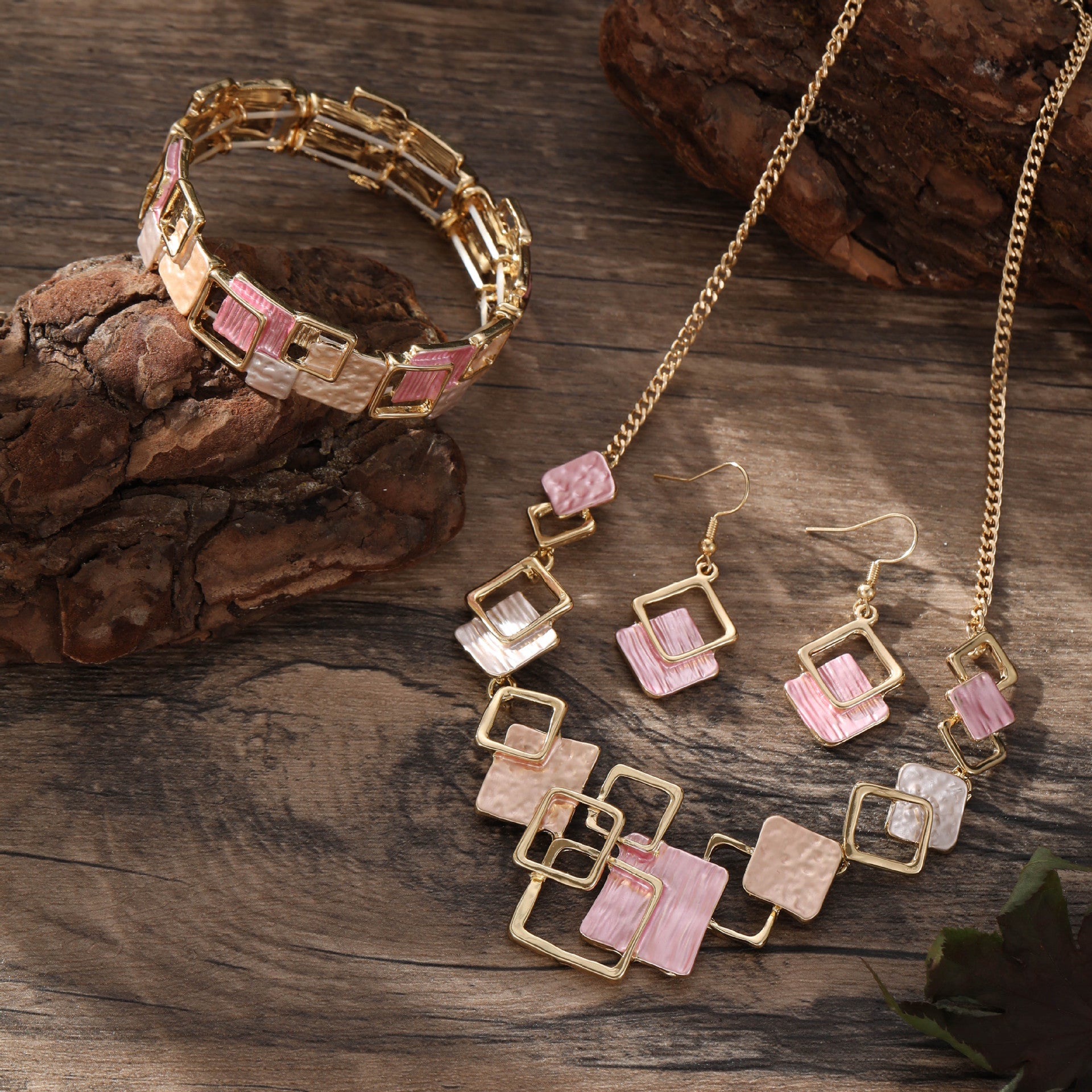 Geometric Square Color Oil Jewelry Set – Earrings, Bracelet & Necklace, Original Design