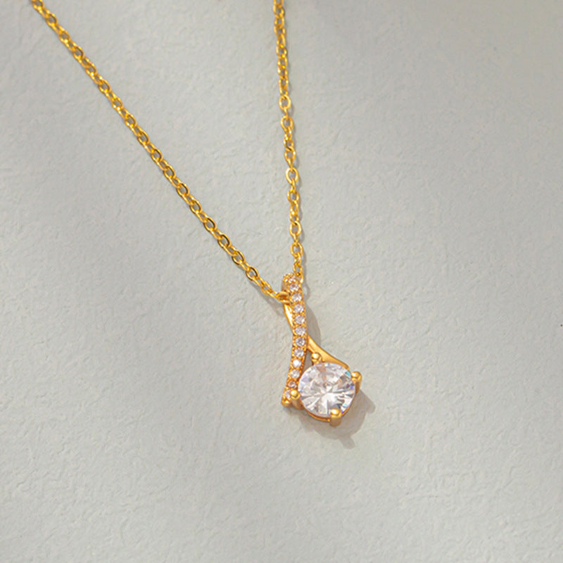 18K Gold Herringbone Diamond Necklace – Titanium Steel, Sweet Style, Women's