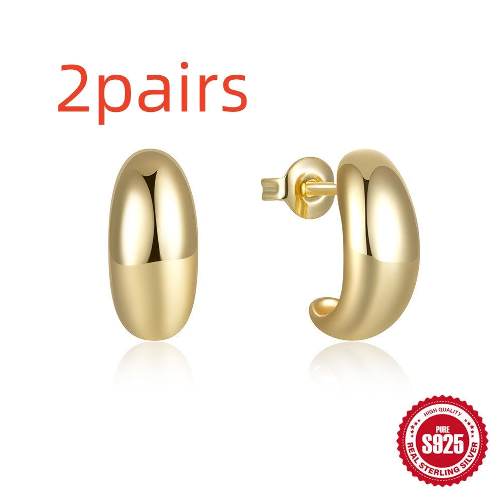 C-Shape Glossy Stud Earrings – 925 Sterling Silver, Geometric, Gold & Silver