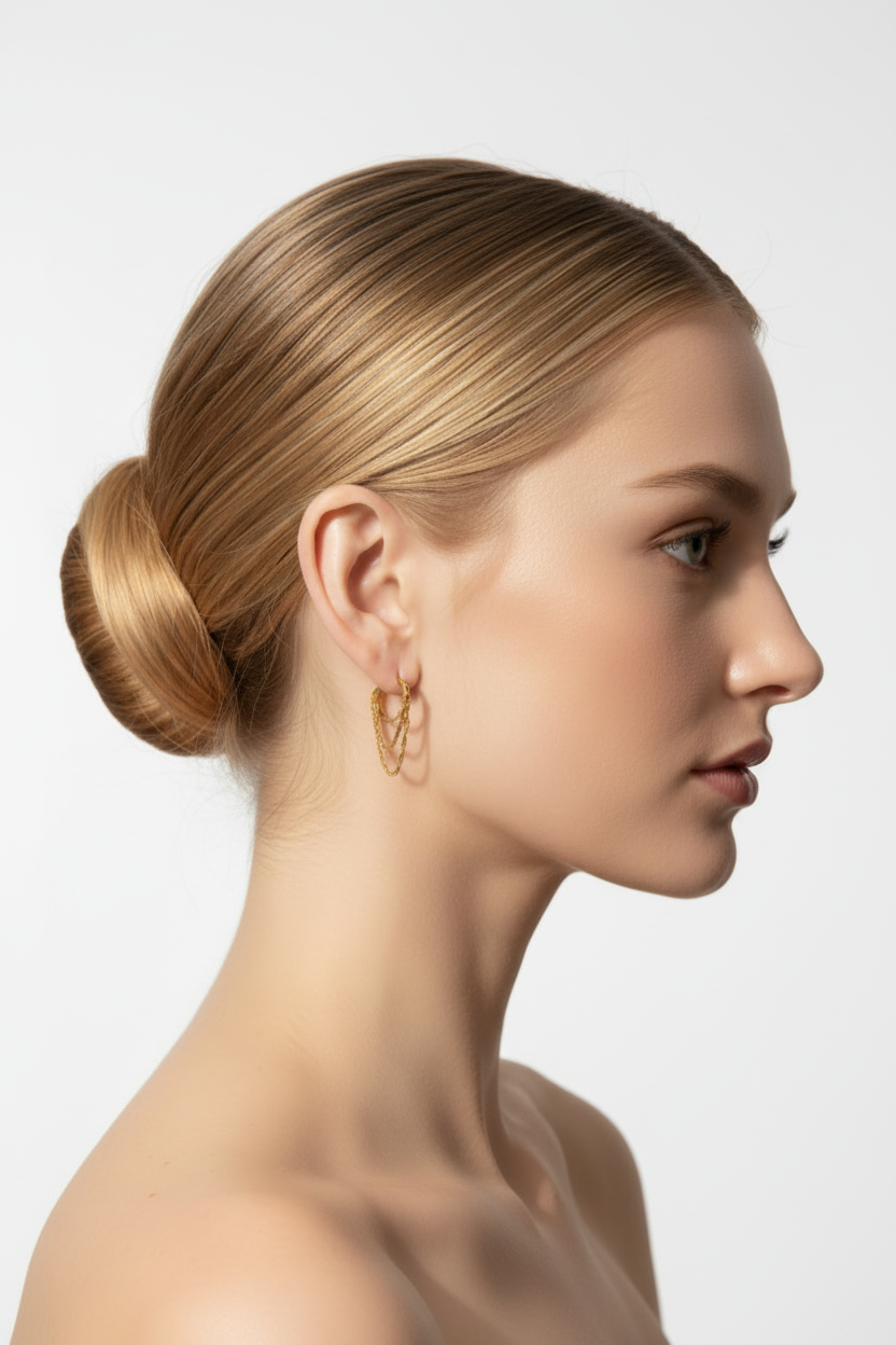 Bailarina perfil rosto visível brinco dourado